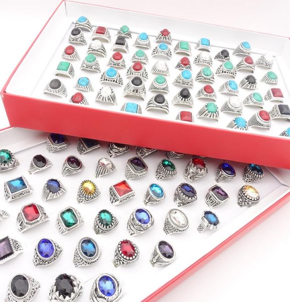 

whole 50pcslot mix styles vintage womens rings antique silver plated turquoise glass stone mens fashion jewelry party gifts6740016, Golden;silver