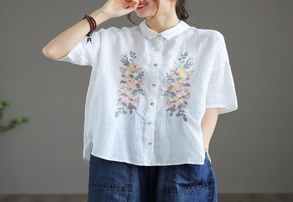 

women039s blouses shirts literary retro embroidered cotton linen ladies loose shirt solid color short 2022 summer lapel t4636083, White
