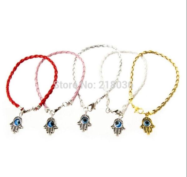 

50pcs fashion vintage goldsilver hamsa evil eye hand fatima charms mix weave leather good luck braclets bangles jewelry l3773783459011307, Golden;silver