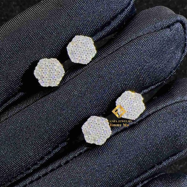 

selling popular hip hop earring factory price 925 silver iced out jewelry vvs moissanite diamond men stud earrings, Golden