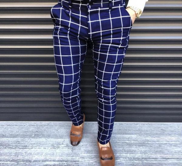 

men casual business trousers pants slim fit plaid print zipper long fitness men039s9327664, Black