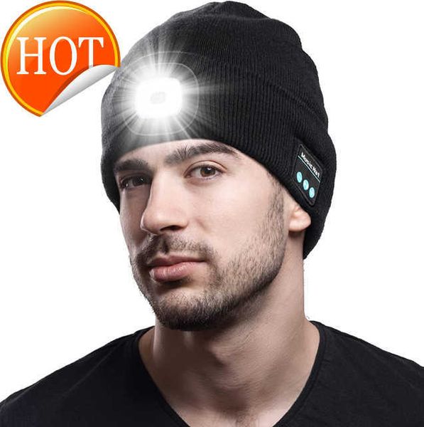 

rechargeable winter warm knit lighted cuffed headlight headlamp winter sports warm bluetooth 5.0 wireless headphone music hat, White;pink