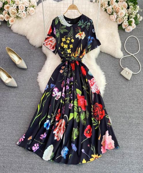 

2023 party dresses summer runway oneck short sleeve midi dress women floral print office lady work one piece dress with belt9188309, White;black