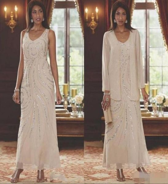 

vintage sequins champagne chiffon sheath mothers dresses with long sleeve jacket mother of the bride dresses 2 pieces ankle length2554595, Black;red