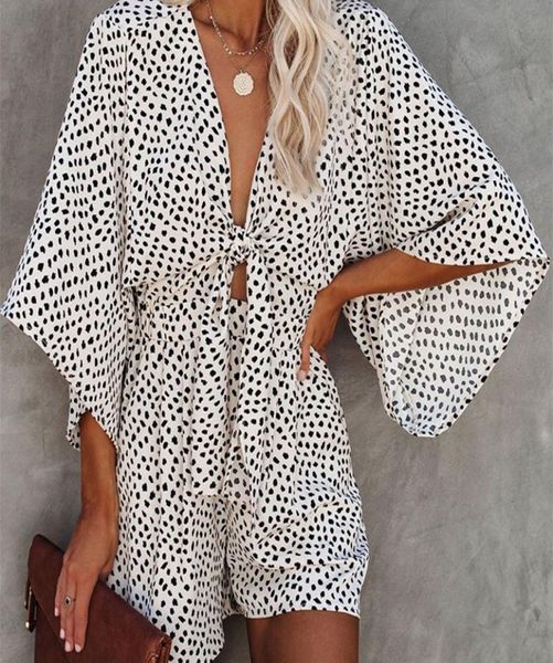 

foridol leopard print bowknot wide leg romper overalls casual loose summer v neck playsuits short jumpsuits pockets 2205132153467, Black;white