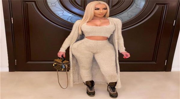 

winter warm fuzzy furry gym sweater 3 piece pants set women leggings wear fitness long sleeve cardigan suit2095278, Gray
