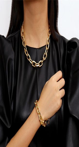 

punk exaggerated chains necklace bracelet set jewelry women men vintage cuban chain link bangle 2021 new accessories gifts1796866, Silver