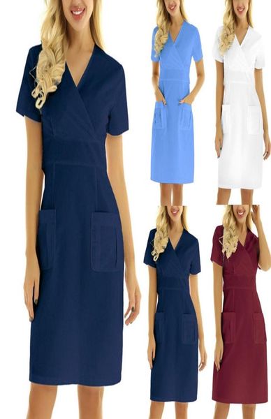 

women working uniform casual short sleeve vneck solid pocket dress sleeved pet scrubs costume dresses7612441, Black;gray