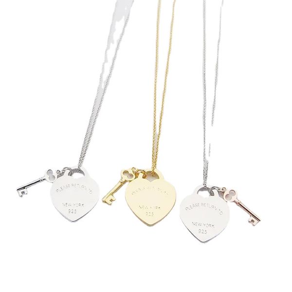 

necklace wholesale womens love heart pendant necklaces designer jewelry key necklaces for women gold/silver/rose with full package of brand