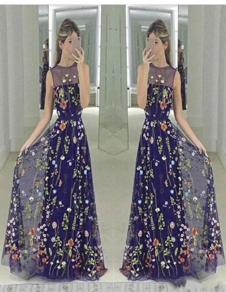 

2017 navy blue new sheer crew neck floral lace long prom dresses embroidery a line floor length party evening dresses80301982142879, Black