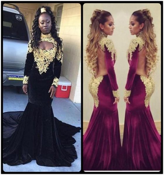 

gorgeous long sleeve mermaid prom dress 2020 high neck gold lace applique floor length backless velvet african prom dresses53771324112480, Black