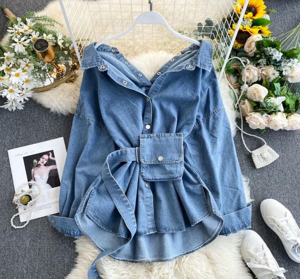 

2020 fashion women spring fall denim blouses coat turn down collar button design sashes denim shirt coat womens blusas3126070, White