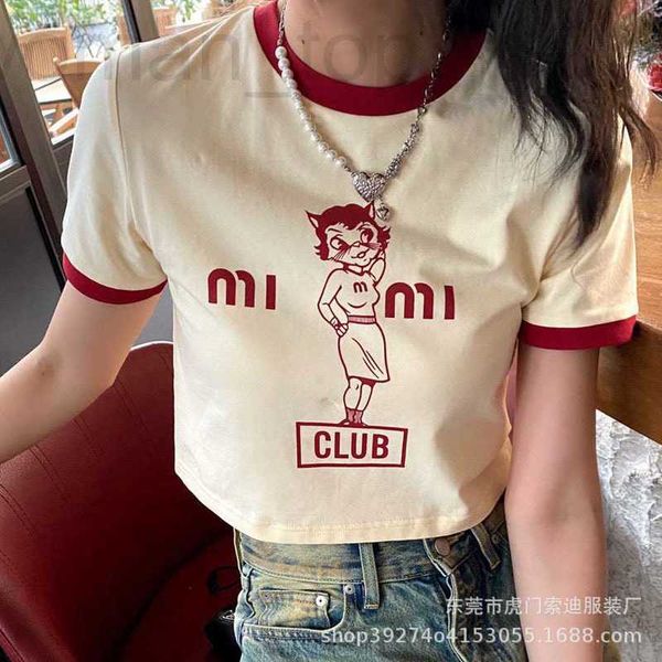 

women's t-shirt designer miu family cartoon girl letter printing short sleeve female 23 summer new open umbilical slim fit show thin ve, White