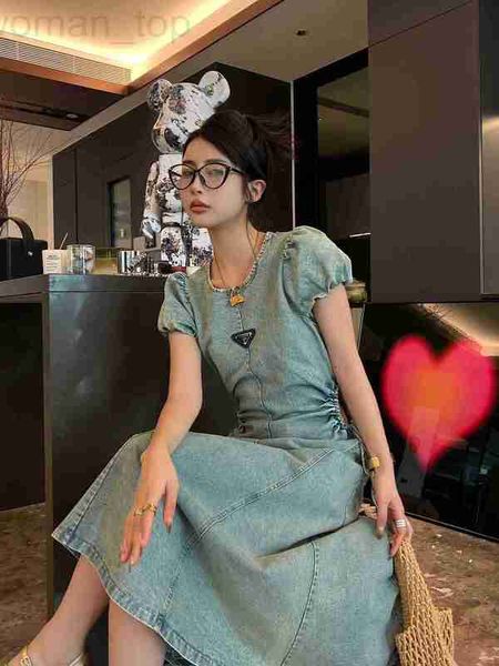 

basic & casual dresses designer p family 23 spring/summer new letter triangle open waist denim dress for women's fashion, simple, atmos, Black;gray