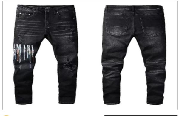 

mens designer jeans high elastics distressed ripped slim fit motorcycle biker denim for men s fashion black pants0306509714, Blue