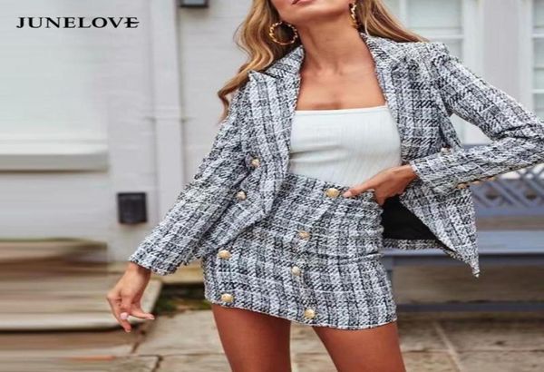 

junelove women new double breasted blazers jackets vintage zipper female tweed sets street wear suits casual office lady bottoms8207415, White;black