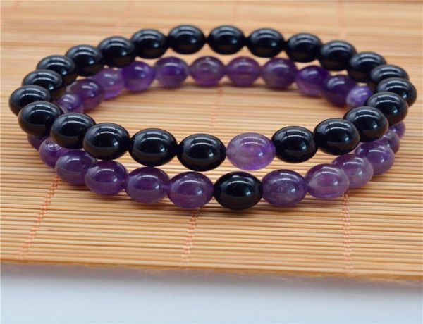 

natural 810mm purple amethyst black agate round gemstone couple bracelet8853145