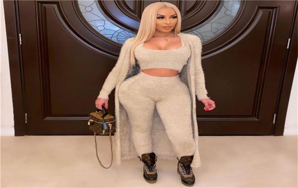 

winter warm fuzzy furry gym sweater 3 piece pants set women leggings wear fitness long sleeve cardigan suit9071741, Gray