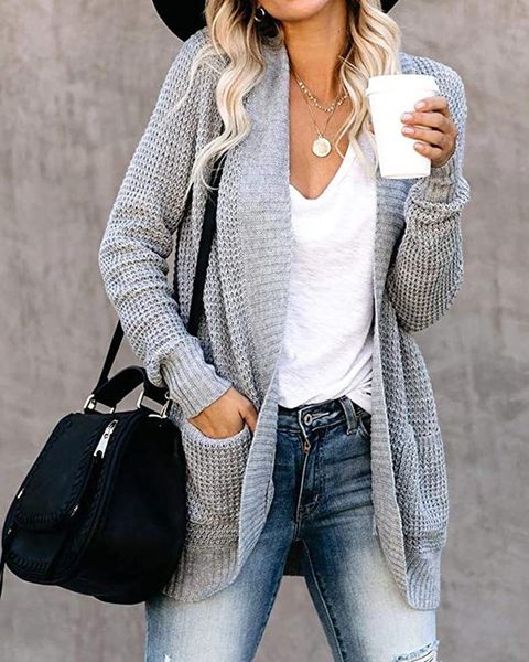 

women's knits tee curved placket large pocket sweater cardigan vneck knitted solid open stitch winter warm long sleeve sweaters 230804, White