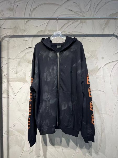 

2023ss men washed cardigan painted destruction zip sanskrit flame hoodie loose casual fashion versatile hooded sweater zipper jacket, Black