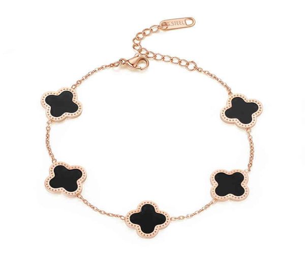 

japan and south korea fashion titanium steel clover five flower female lucky grass acrylic 18k rose gold bracelet9887383, Black