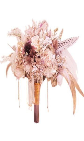 

iffo custom court european style pink wedding bride bouquet flower personality feather dried flower rhinestone pearl40861682764875