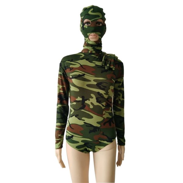 

camo color high collar neck half pack spandex bodysuit ballet gymnastics leotard jumpsuit unitard tights can removable mask gloves, Black