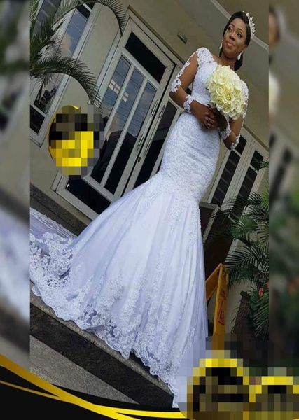 

vintage illusion long sleeve mermaid wedding dress factory custom make lace appliqued bridal dresses vestido de novia2080159, White