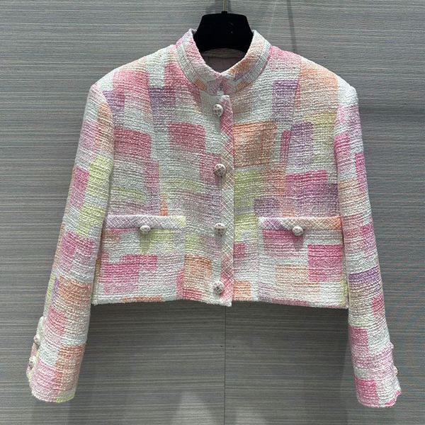 

designer jacket autumn/winter new coats designer women long sleeved rainbow plaid halo dyed tweed single breasted short coat 8, Black;brown