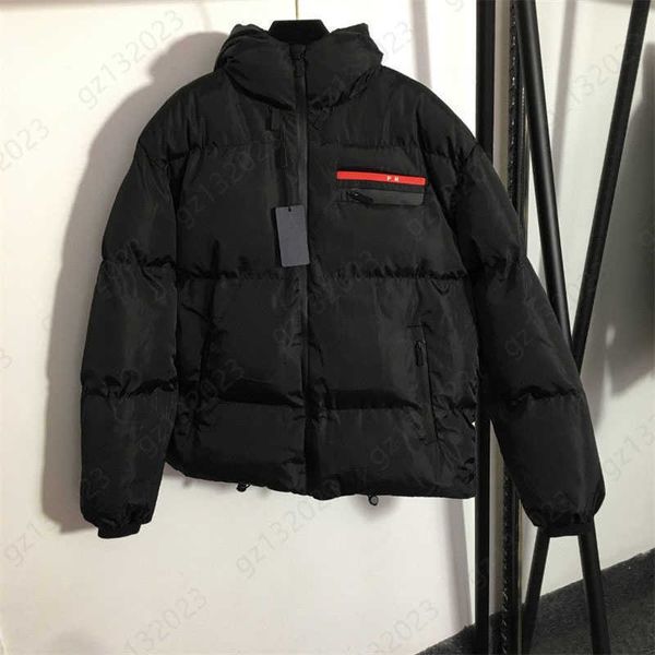 

deisgner short puffer jacket winter warm jackets red monogrammed tape logo drawstring hooded glossy cotton breaded coat jackets womens cloth, Black