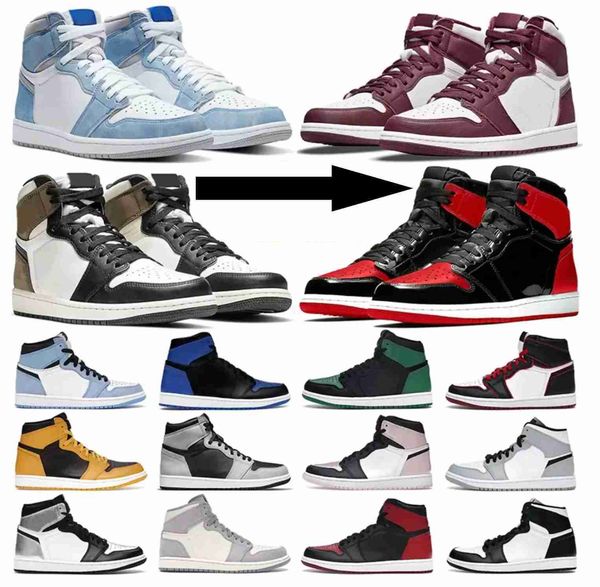

2023 men women basketball shoes 1s jumpman 1 high mid bordeaux atmosphere bred patent university blue hyper royal pale ivory mens trainers s, Black