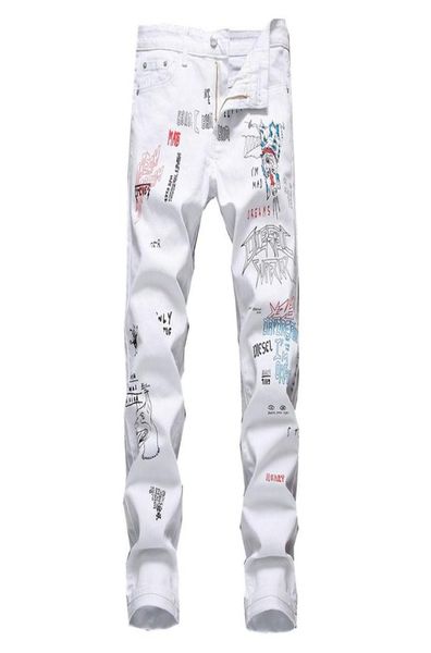 

new fashion men jeans personality printing slim fit classic denim jeans designer trousers casual straight elasticity pants c13310458, Blue
