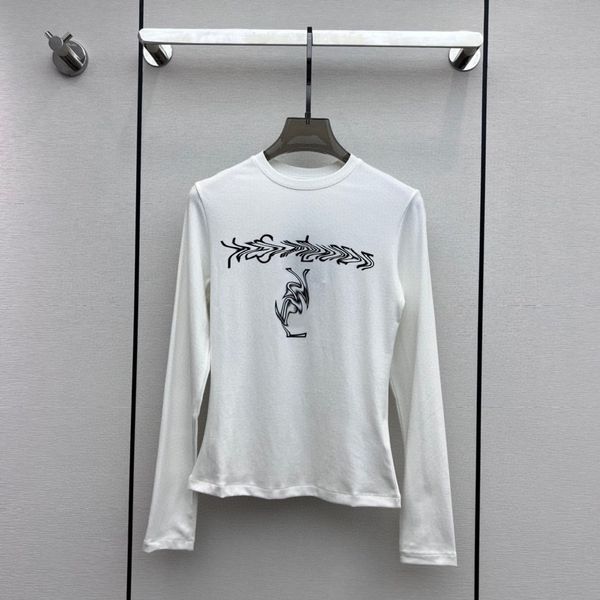 

fashion 2023 women o-neck letter pattern casual solid colour long sleeve stretchy slim tees, White