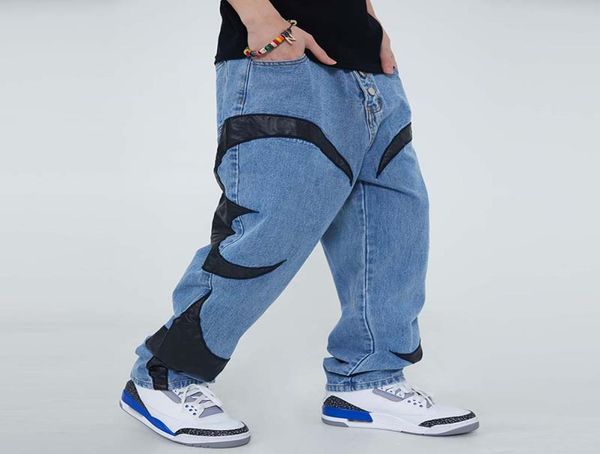 

pu leather embroidery patchwork frayed loose mens jeans ripped straight casual denim trousers6142618, Blue