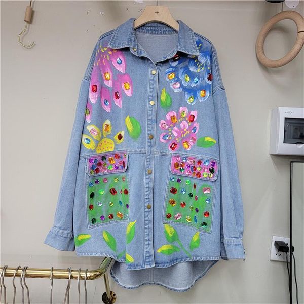 

women's jacket handpainted graffiti diamonds beaded denim shirts loose mid length s jeans sequined cowboy cardigan 230804, Black;brown