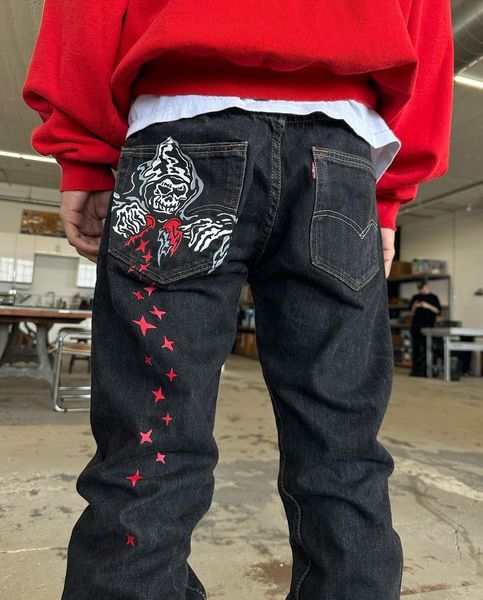 

men's jeans male rap hip hop baggy jeans street fashion demon print black loose board denim pants y2k gothic fashion wide straight leg, Blue
