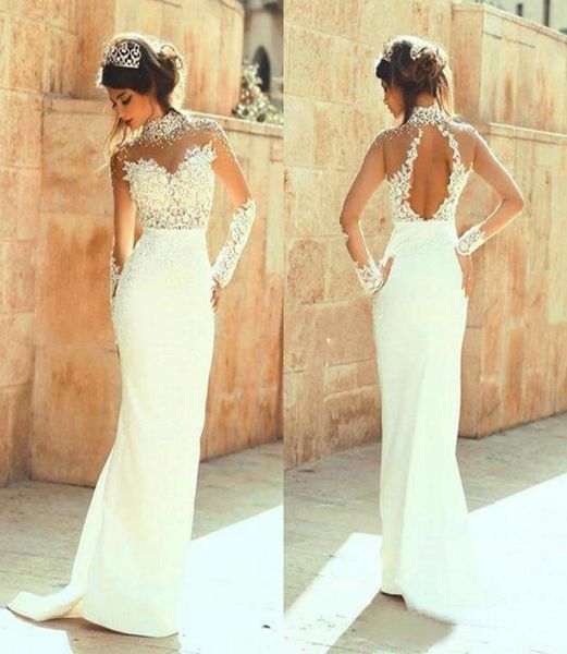 

new arrival beach fitted wedding dresses beaded sheer high neck illusion long sleeves hollow back chiffon bridal gowns 2020 n8990581, White