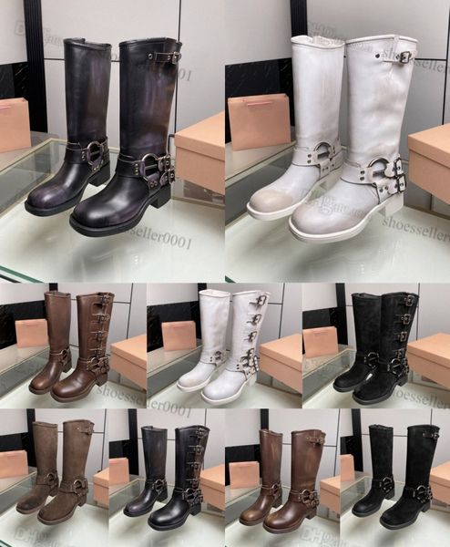 

with box miu boots women tall boots designer shoes y2k style black white brown leather biker boot round toe chunky heel martin bootss bumtw#
