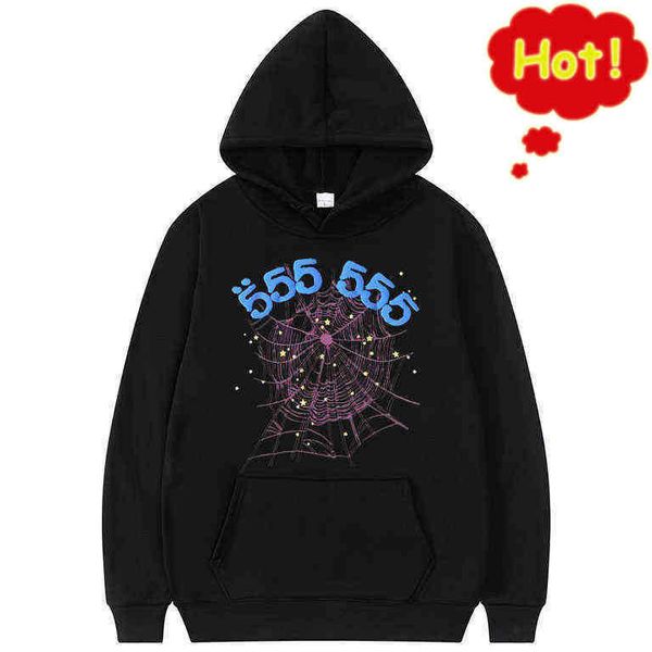 

men's hoodies fashion creativity sp5der 555555 angel number hoodie women spider web pattern sweatshirt loose clothingdpzl, Black