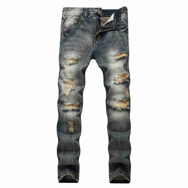

fashion men straight hole jeans nostalgic multi tattered cotton man trousers large 954, Blue
