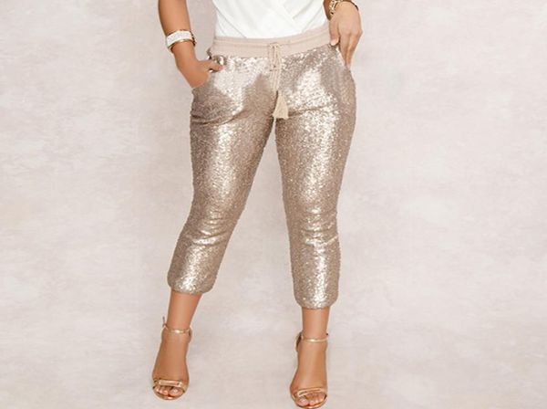 

fashion sequin pencil pants 2019 new solid blackgold women drawstring waist bling party nightclub calflength trousers4117979, Black;white