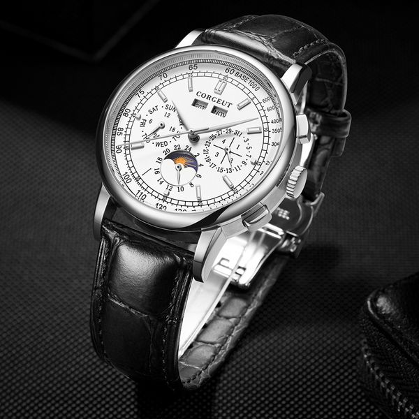

other watches corgeut moon phase wristwatches 42mm brand mechanical white dial silver year day month week 316l ss case automatic watch men 2, Slivery;black
