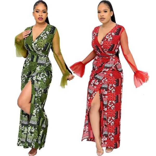 

womens style gauze patchwork print long dress v neck strap, Black;gray