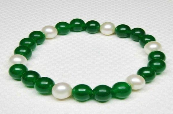 

75quot 85quot 89mm white pearl 8mm green jade round gems beads bangle bracelet4320373, Black