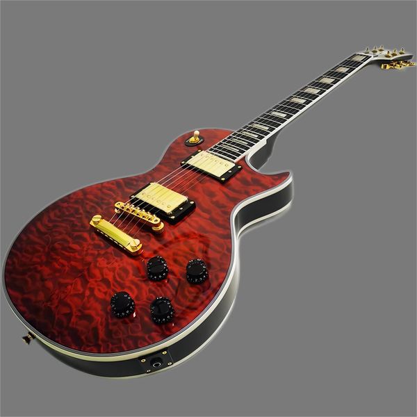 

china oem bass guitar factory customized quilted red ebony fretboard electric guitar