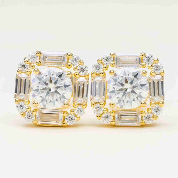 

luxury jewelry 925 sterling silver vermeil moissanite earring iced out vvs diamond pave baguette square floral stud earrings, Golden