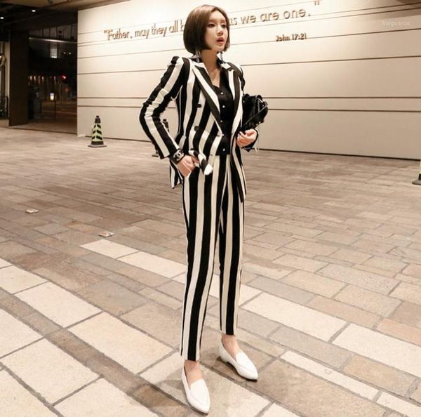 

women blazer set korean black white striped double breasted formal business pants suits office lady work wear clothing jn12717526465, White;black
