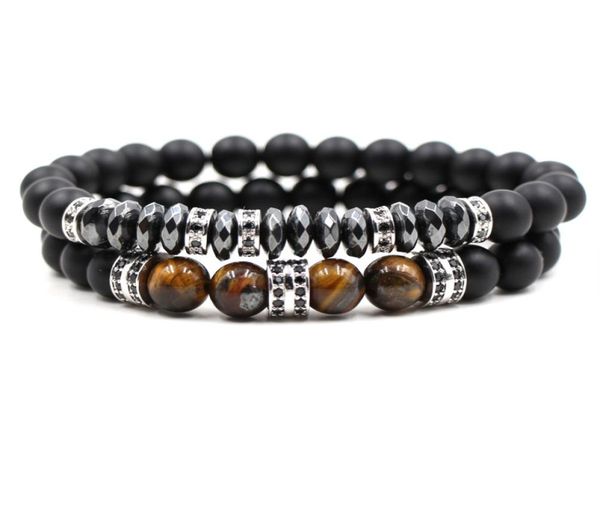 

bracelet beaded strands 2pcsset 8mm copper tigereye cubic zirconia frosted stone gift party men bracelets6357350, Black