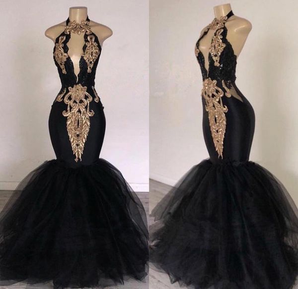 

black halter tulle mermaid long prom dresses keyhole lace applique gold sparkly backless full length african occasion evening7284426