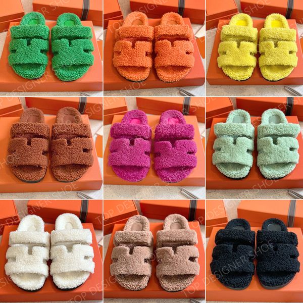 

fur slippers designer chypre h sandals women winter fluffy furry trendy shearling sandals slides sleepskin wool flat bottom slippers 35-42, Black
